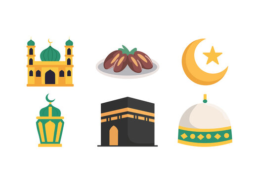 Ramadan and Eid Islamic Flat Icons Collection on White Background