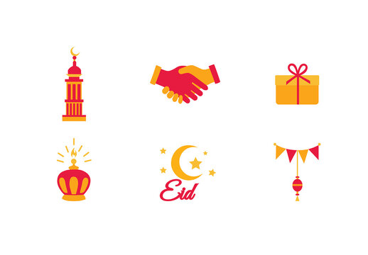 Eid Mubarak Islamic Flat Icon Set with Mosque, Lantern, Gift and Crescent Moon