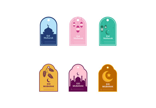 Minimal Eid Mubarak Gift Tag Set with Islamic Lantern and Mosque Illustration
