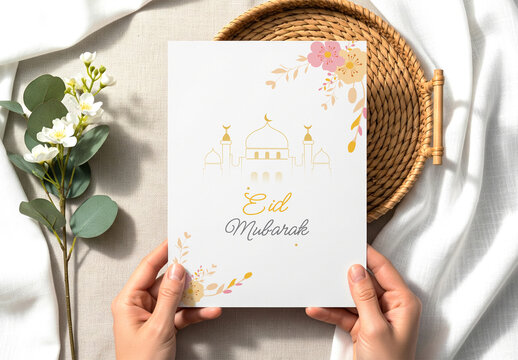 Minimalist Eid Mubarak Greeting Card with Floral Illustration