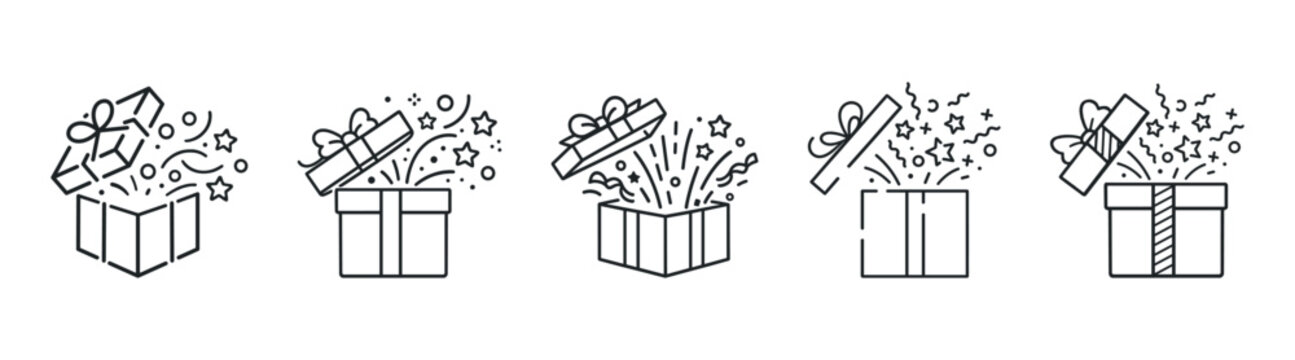 Gift box icon set with ribbons and sparkles, open present collection, black outline vector illustration on transparent background