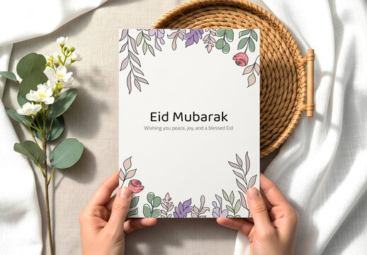 Minimal Floral Eid Mubarak Greeting Card Design with Botanical Illustration