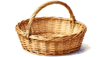 Fototapeta premium Empty woven wicker basket with a curved handle on a white background