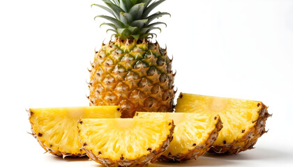 Fresh pineapple whole and sliced on a white background, vibrant tropical fruit display