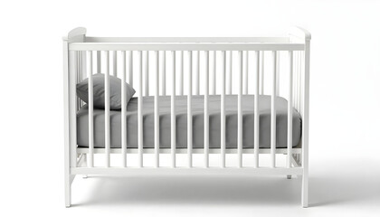 Minimalist white baby crib with grey bedding and pillow on a clean white background