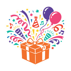 Colorful gift box explosion, balloons and confetti, festive present surprise illustration, celebration party vector on transparent background