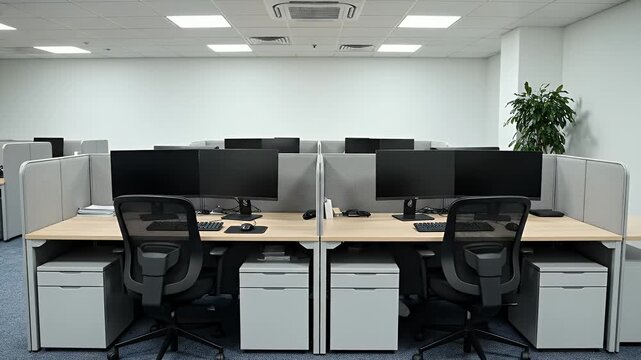 Modern office workspace with cubicles and computer monitors.