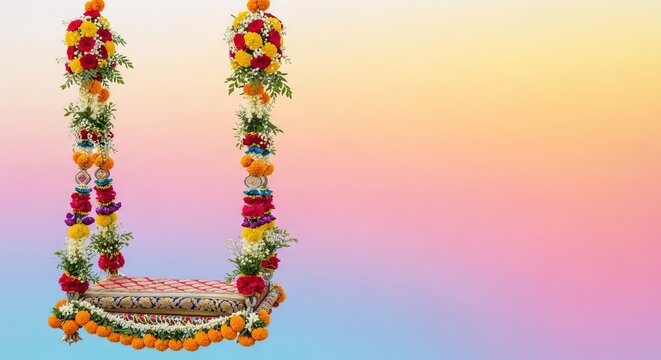 Dol Jatra Soft Gradient Banner with Floral Swing Decorations