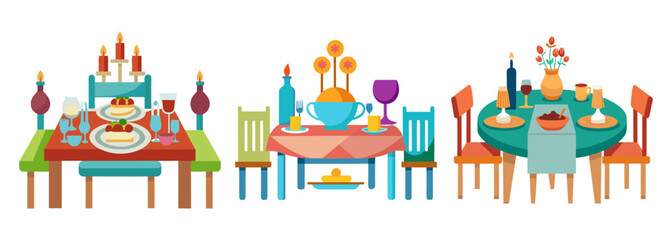 Fototapeta premium Joyful family dinner scene with colorful table setting and chairs