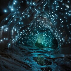 Dark caves filled with thousands of glowing worms creating a sta