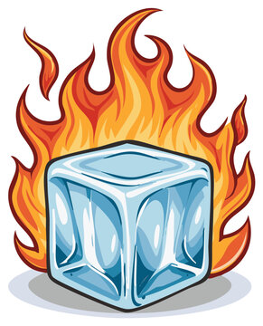 Ice cube surrounded by intense flames symbolizing extreme contrast and challenging situations