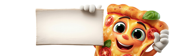 A Smiling Friendly Anthropomorphic Margherita Pizza Slice Holding a Blank White Board, Copy Space, Isolated on White or Transparent Background, for Pizzeria Advertising, Menu, Promotion. Generative Ai