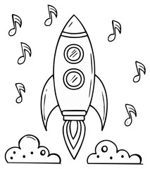 Space rocket lifting off surrounded by music notes and clouds monochrome outline illustration