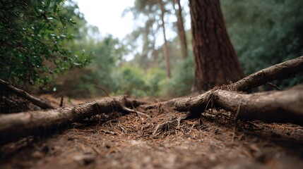 Low angle view of exposed tree roots and fallen branches on a forest floor covered in pine needles