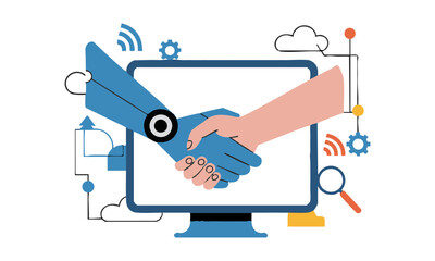 Artificial intelligence and human cooperation flat technology concept vector illustration, easily editable.