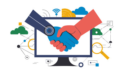 Human and robot handshake artificial intelligence collaboration vector illustration, easily editable.