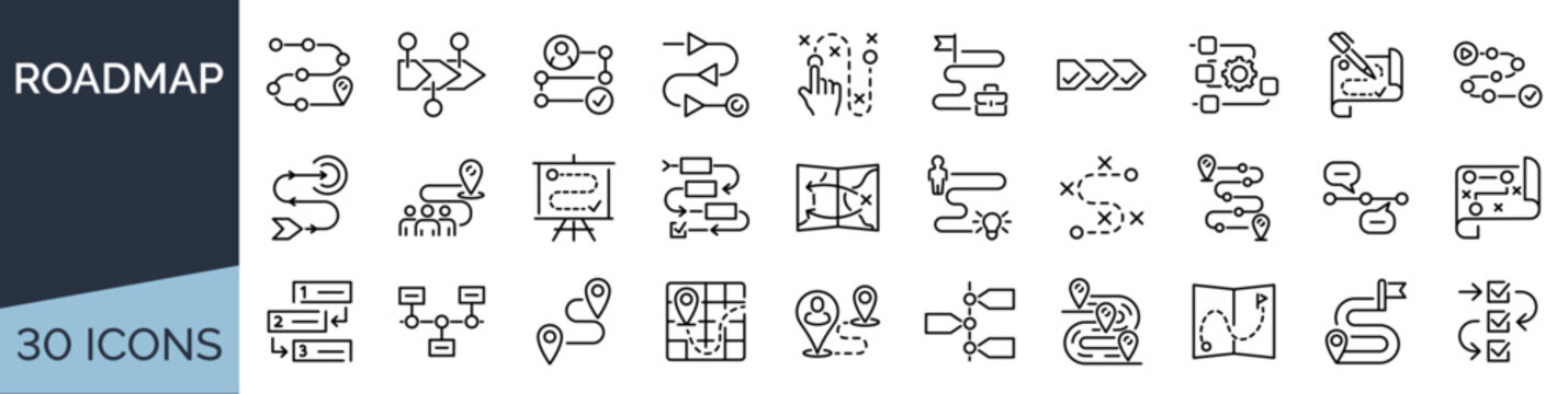 Set of 30 outline icons related to roadmap. Linear icon collection. Editable stroke. Vector illustration