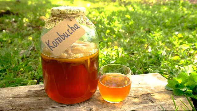 Kombucha in a jar at home. Selective focus.