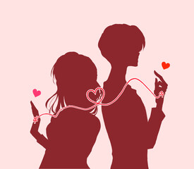 運命の赤い糸で結ばれた背中合わせの男女　シルエット