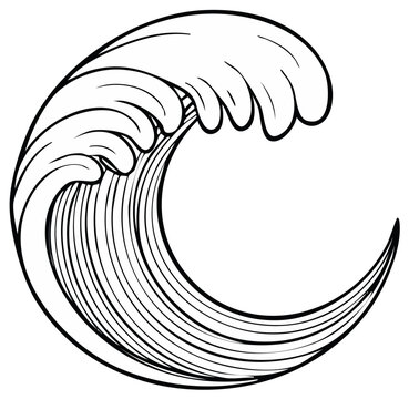 Stylized black and white outline illustration of a dynamic ocean wave breaking and cresting with flowing water movement