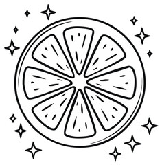 Black and white cartoon illustration of a cut citrus fruit with star accents.
