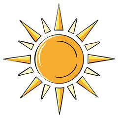 Bright yellow and orange cartoon sun illustration with radiating rays a symbol of summer warmth clear sky and cheerful weather