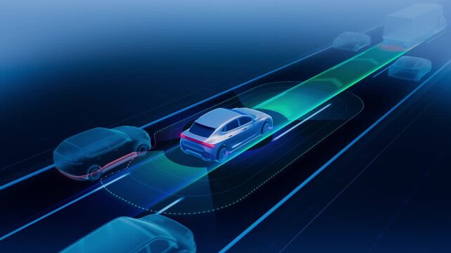 3D Animation of an Self-Driving Car Illustrating Sensors and Advanced Cruise Control Capabilities. Mock-up of a Autonomous Car Dark Blue UI showing Surrounding Traffic and Lane Keeping Technology.