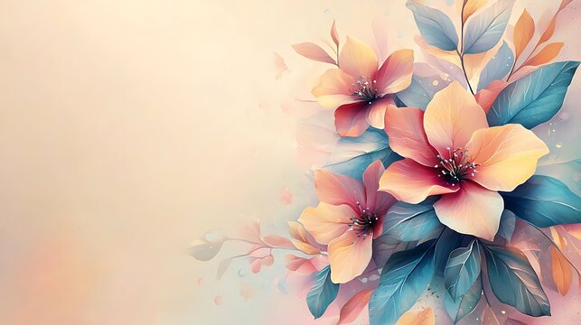 Elegant Floral Arrangement: A delicate, watercolor-style composition showcasing an array of blossoming flowers, their petals softly hued in shades of pink, orange, and peach.