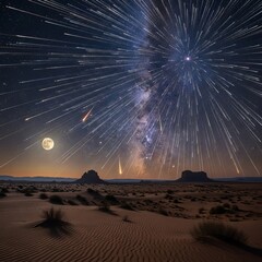 A meteor shower streaking across the night sky above a vast dese