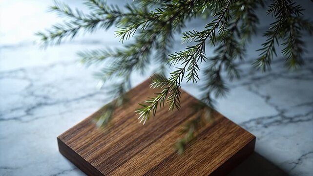 Wooden board with pine leaves on marble table