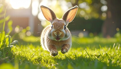 Adorable bunny rabbit running in a sunlit green meadow.