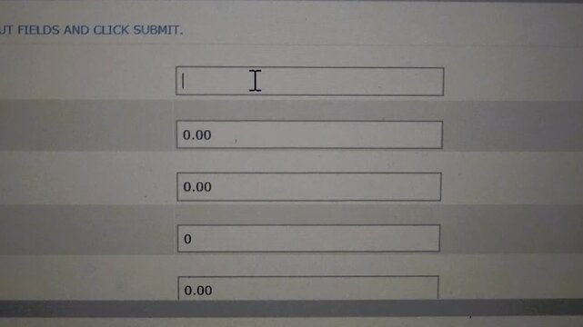 The user is demonstrating entering the value 0.00 into a data input field. The screen is then scrolled down, and the mouse cursor (arrow) is used to click the Submit button to finalize the entry.