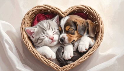 Adorable kitten and puppy snuggling in a heart-shaped basket.
