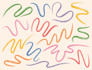 Obraz premium Winding brush strokes, curved wavy twisted doodle scribbles squiggles stripes collection. Ink paint chalk crayon pastel hand drawn artistic graphic elements grungy shapes set. Rough text backgrounds.