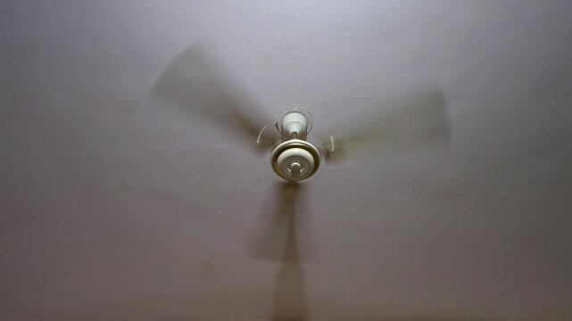 A low-angle shot in a living room shows a white, three-bladed ceiling fan motion. The room is lit, causing a distinct bulb shadow to be cast directly beneath the spinning fan onto the pale ceiling.