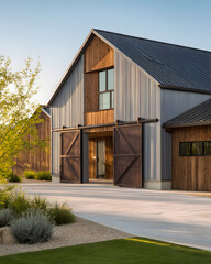 Fototapeta premium Barn-style house with wood and metal exterior in a sunny setting near trees and landscaping in the countryside