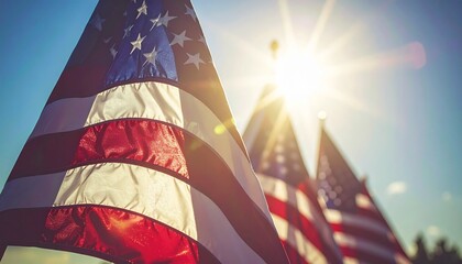 American Flags Waving Proudly Under a Bright, Sunny Sky.