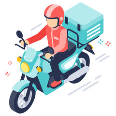 Delivery motorcycle with male asian young rider in helmet and jacket. No editable stroke