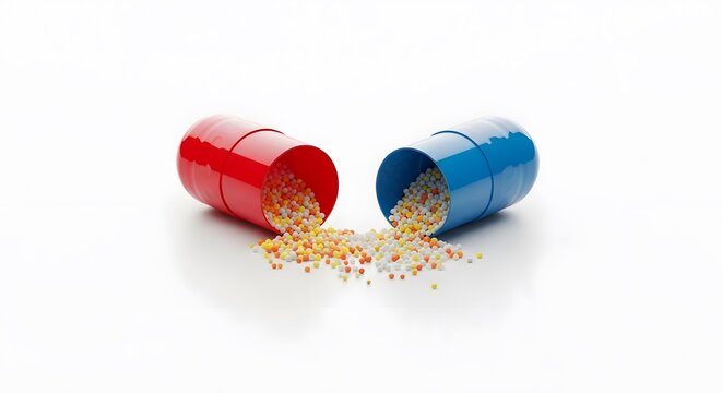 Red and blue pills from the matrix movie. Suitable for design projects, movie posters, or entertainmentrelated content needing themed elements.
