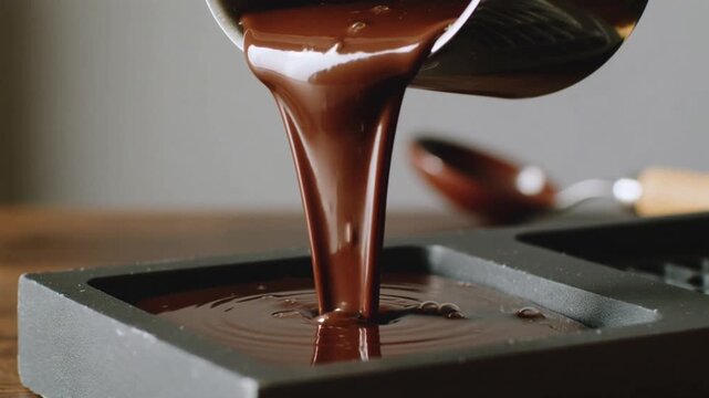 Liquid chocolate being poured from metallic pitcher into square silicone mold preparing delicious gourmet confectionery treats.