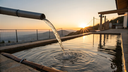 Clear water flowing from a simple metal pipe into a calm outdoor pool at sunset, warm golden light reflecting on the water surface, gentle ripples spreading outward, clean and refreshing atmosphere, 