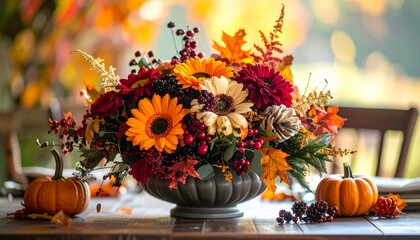 Autumnal Abundance - A Floral Centerpiece with Pumpkins and Berries.