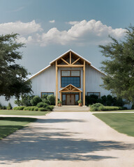 Large barn-style building sits at the end of a gravel path under a blue sky with clouds in an open green area
