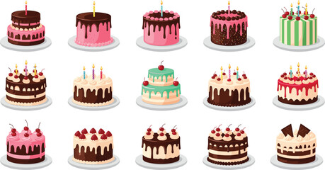 Birthday cakes collection with chocolate strawberry cream and colorful frosting isolated on white background flat vector illustration