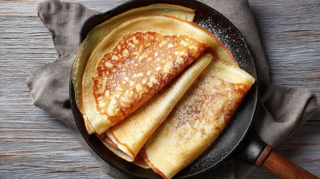 Thin Pancakes on a Cast Iron Skillet with a Rustic Wood Background