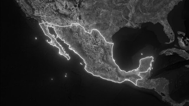Zoom from Earth to Mexico, a documentary dark map animation with highlighted glow outline country borders. 3d satellite world map animation highlights aerial views, tourism, and travel. 4k