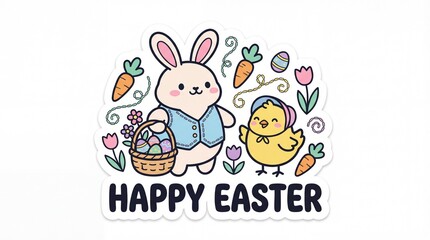 Easter bunny and chick with basket eggs and flowers happy easter sticker