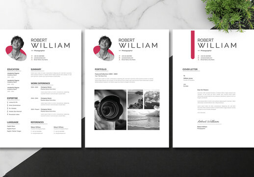 Modern Photographer Resume CV Template with Portfolio and Cover Letter