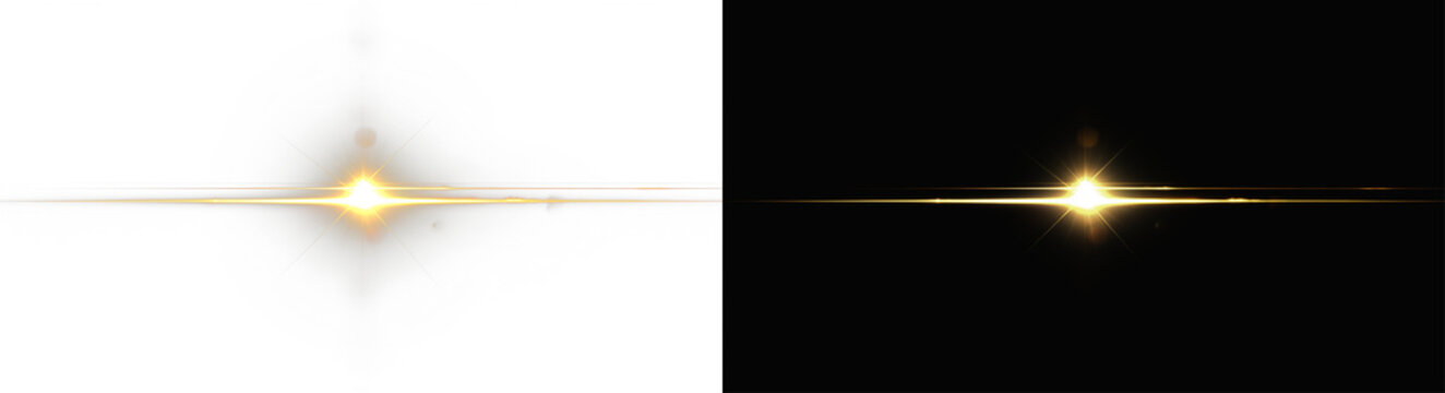 Horizontal stripe of neon light with glittering yellow flash and shining beam glow perfect for entertainment background, space illustration or golden sunburst sparkle and energy concept
