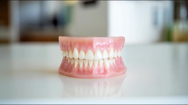 A model of a mouth with a pink toothbrush. The toothbrush is on the left side of the mouth